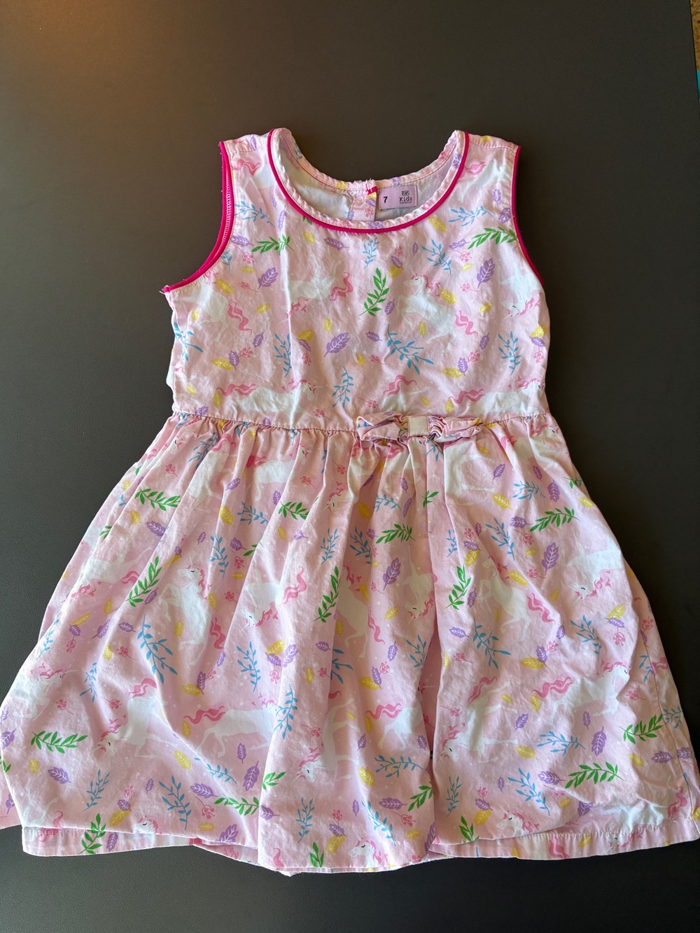F&F Pink Girls Size 7 Unicorn Mystical Leaves Print Rainbow Sleeveless Dress Bow